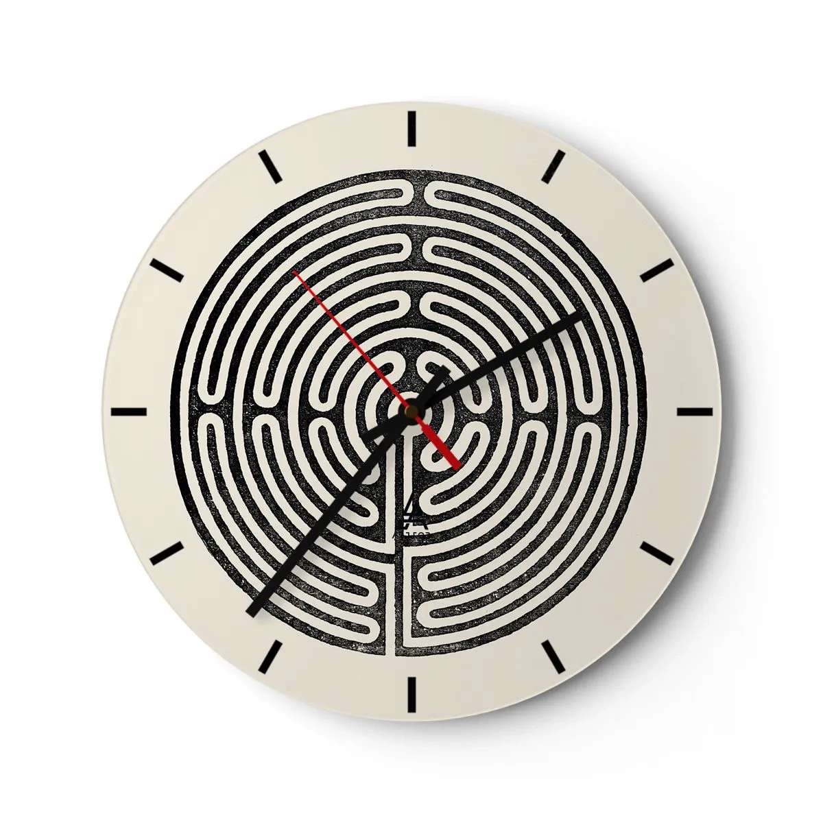 Ceas de perete - Ceas pe sticlă - Un labirint alb-negru cu un design geometric pe un fundal deschis - 30x30cm - Ordine secretă - Decorațiune modernă pentru perete pentru living, bucătărie și dormitor ARTTOR