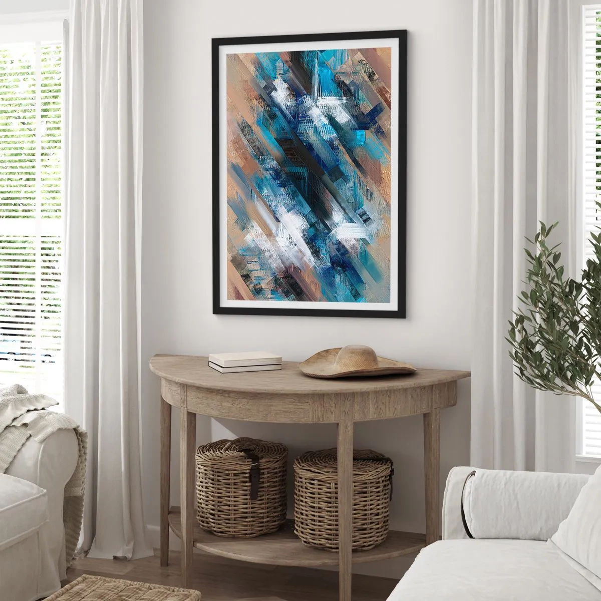Poster în ramă neagră - O compoziție abstractă cu linii diagonale în nuanțe de albastru. - 50x70cm - Pe o pantă albastră - Decorațiune modernă pentru perete pentru living și dormitor ARTTOR