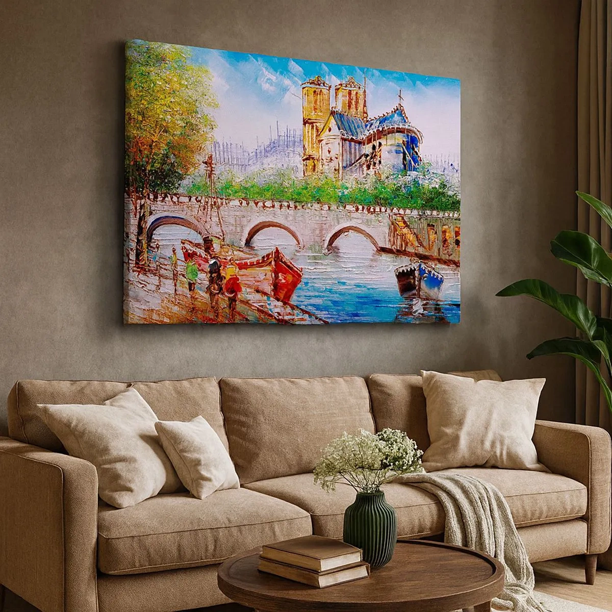 Tablou pe pânză Canvas - Peisaj cu un pod și o catedrală în stil clasic - 70x50cm - Timpul lor nu trece niciodată - Decorațiune modernă pentru perete pentru living și dormitor ARTTOR