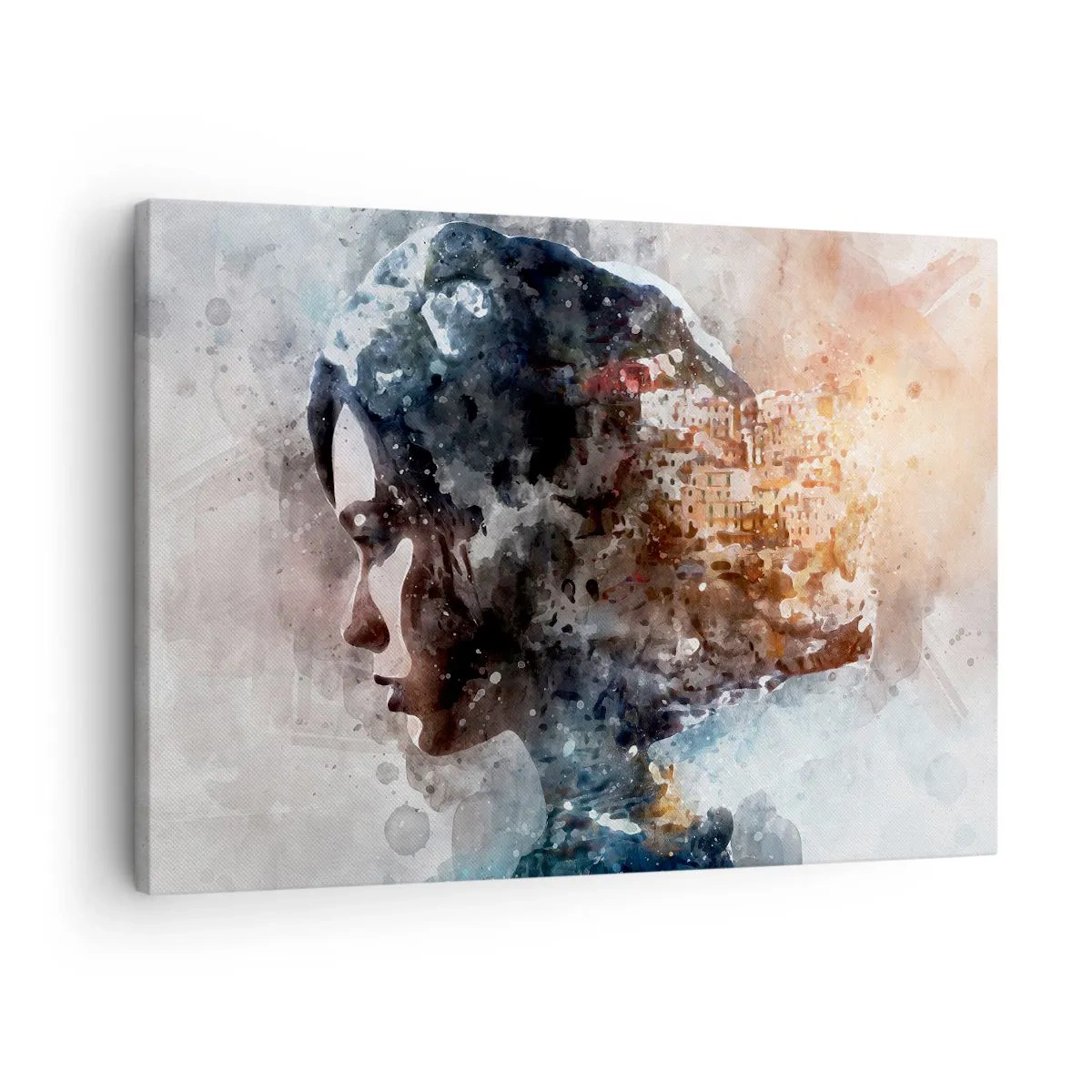 Tablou pe pânză Canvas - Portretul unei femei care își combină chipul cu un peisaj urban în fundal - 70x50cm - Povestea unei fete cu un oraș în fundal - Decorațiune modernă pentru perete pentru living și dormitor ARTTOR