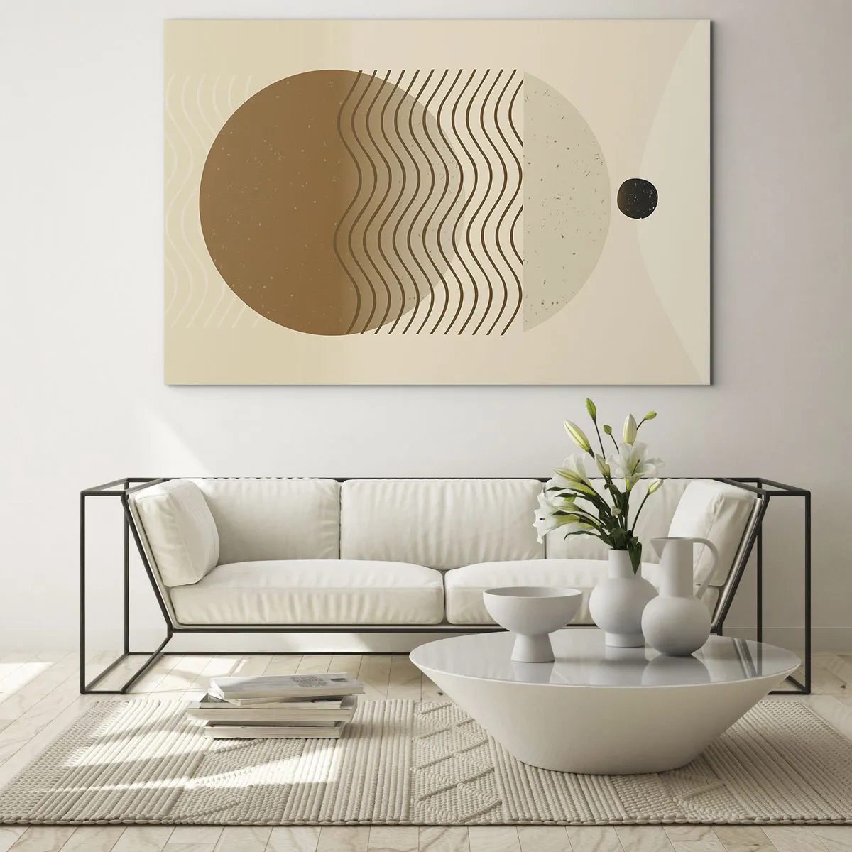 Tablou pe sticlă - Compoziție geometrică cu valuri și cercuri în culori bej - 70x50cm - Despre originea figurilor geometrice - Decorațiune modernă pentru perete pentru living și dormitor ARTTOR