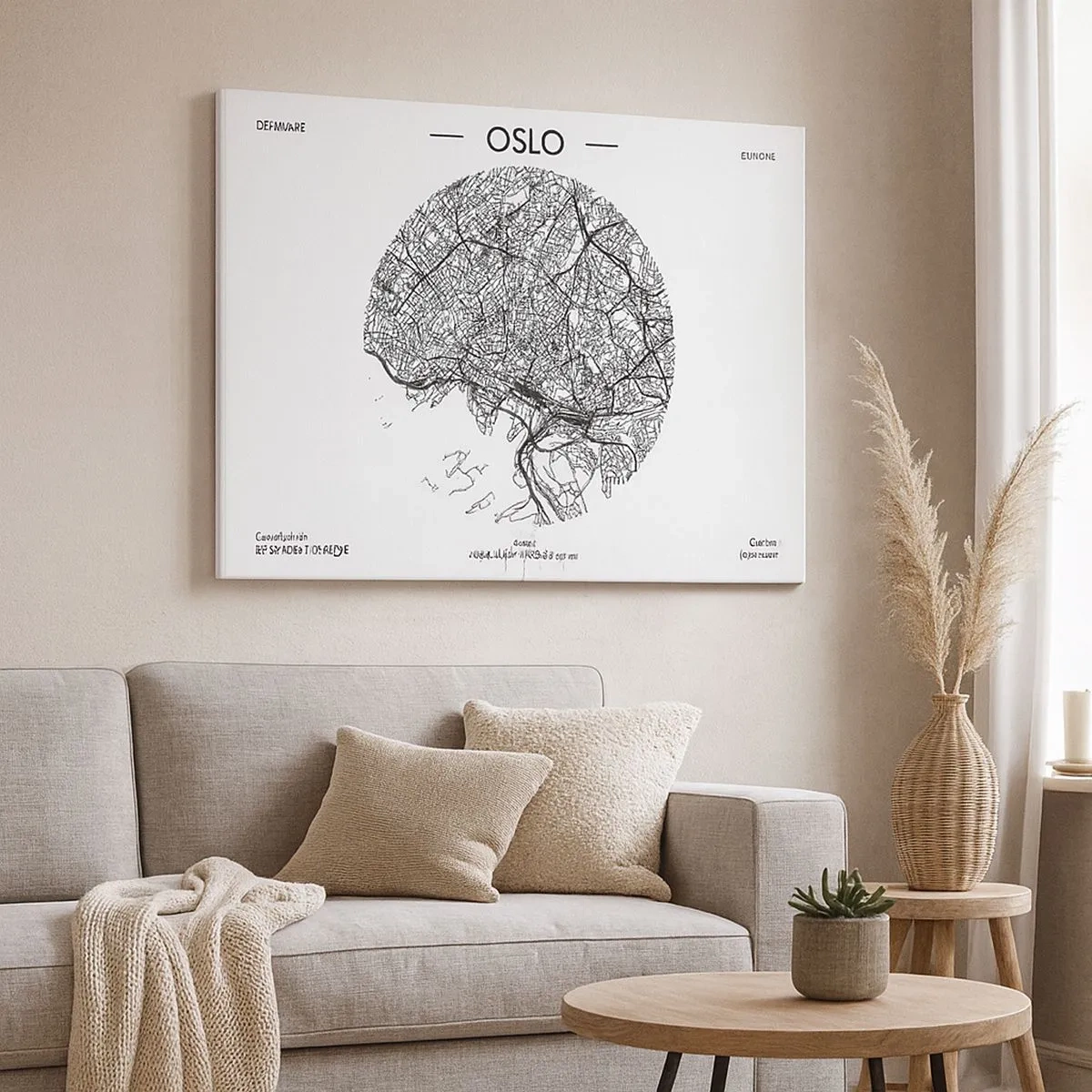 Tablou pe pânză Canvas - O hartă a orașului Oslo într-un stil minimalist alb-negru. - 70x50cm - Anatomia Oslo - Decorațiune modernă pentru perete pentru living și dormitor ARTTOR