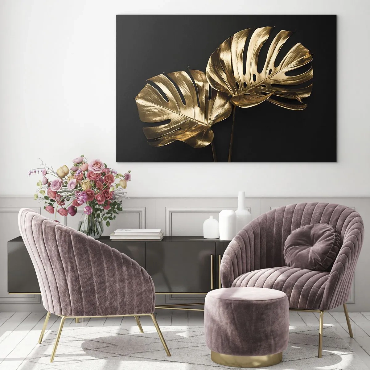 Tablou pe sticlă - Frunze de monsteră aurii pe fundal negru - 70x50cm - Comorile naturii - Decorațiune modernă pentru perete pentru living și dormitor ARTTOR
