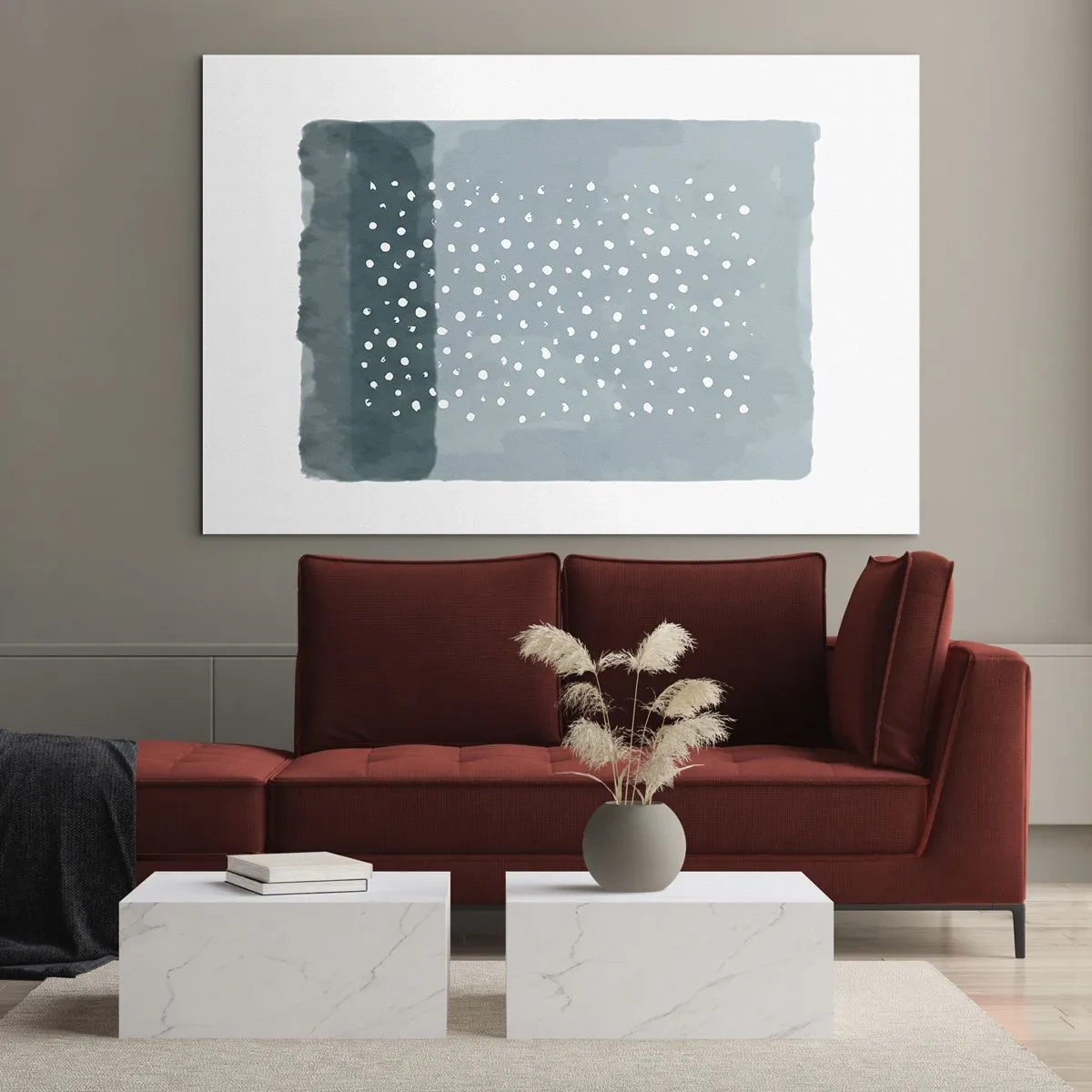 Tablou pe sticlă - O pictură abstractă în nuanțe de albastru cu puncte albe. - 70x50cm - Crescute pe albastru - Decorațiune modernă pentru perete pentru living și dormitor ARTTOR
