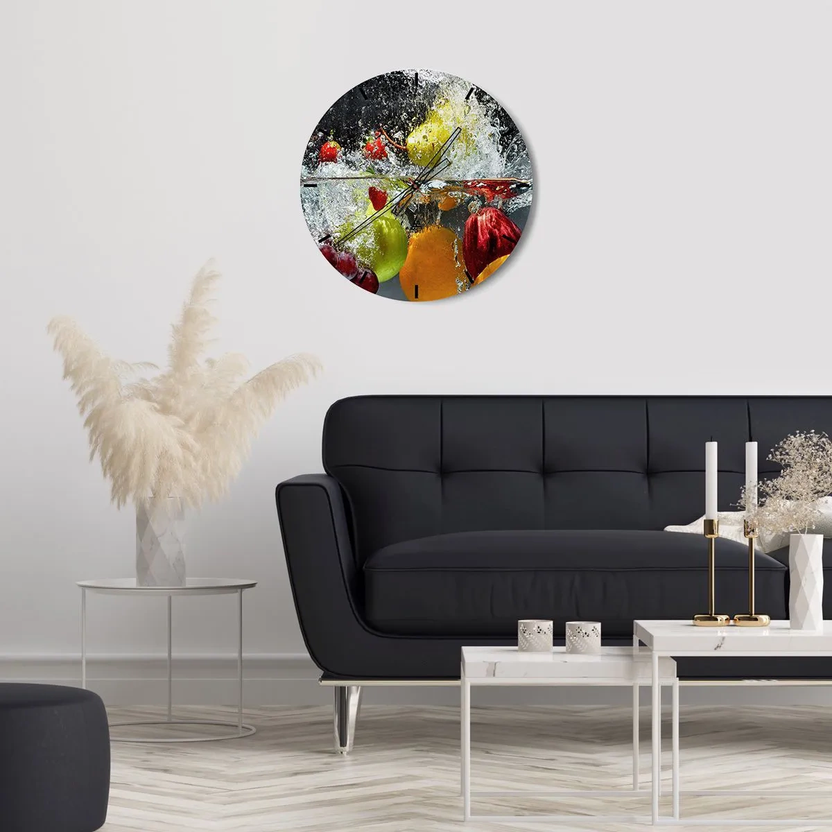 Ceas de perete - Ceas pe sticlă - Fructe scufundate în apă cu efect de stropire - 30x30cm - Răcoritoare cu fructe - Decorațiune modernă pentru perete pentru living, bucătărie și dormitor ARTTOR