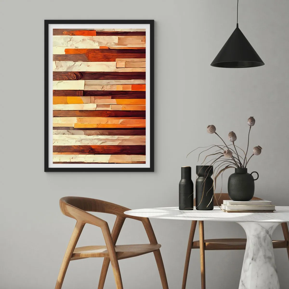 Poster în ramă neagră - O compoziție abstractă din panouri de lemn în culori calde. - 50x70cm - Imnul copacilor din pădure - Decorațiune modernă pentru perete pentru living și dormitor ARTTOR