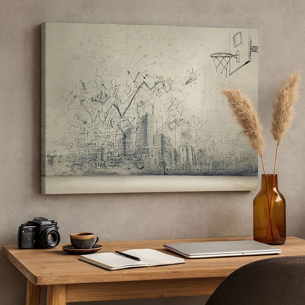 Tablou pe pânză Canvas - Desene și diagrame pe fundalul unui perete brut - 70x50cm - Minunata mea viață de oraș - Decorațiune modernă pentru perete pentru living și dormitor ARTTOR