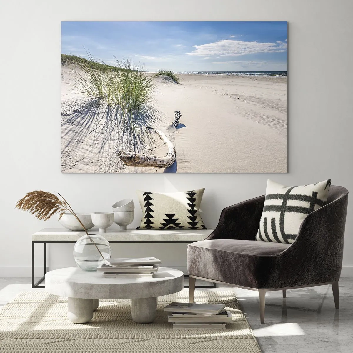 Tablou pe sticlă - O plajă însorită cu dune și iarbă de mare - 70x50cm - Cea mai frumoasă? Baltică - Decorațiune modernă pentru perete pentru living și dormitor ARTTOR