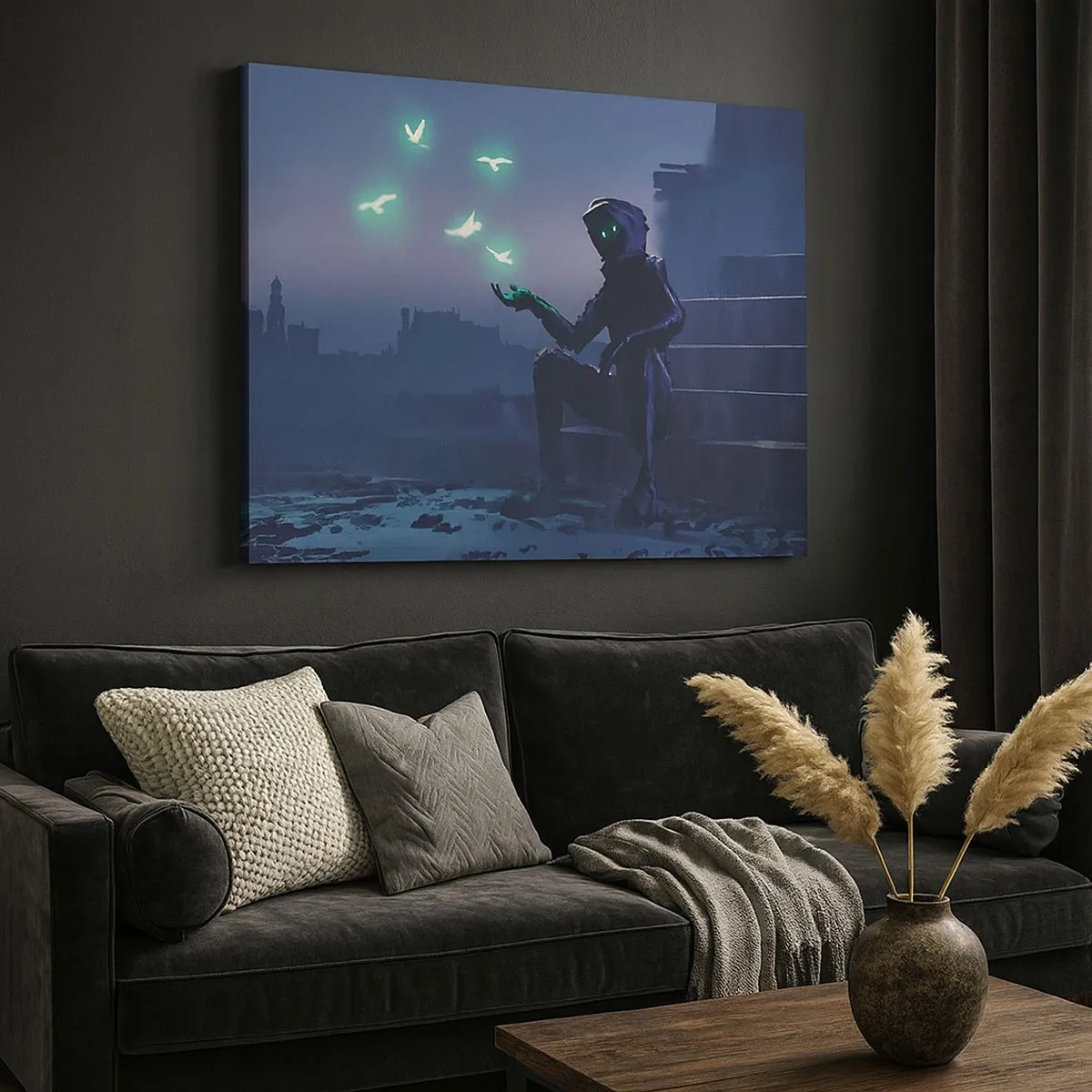 Tablou pe pânză Canvas - O figură cu glugă și păsări magice în fundalul unui oraș - 70x50cm - Viața se va întoarce - Decorațiune modernă pentru perete pentru living și dormitor ARTTOR