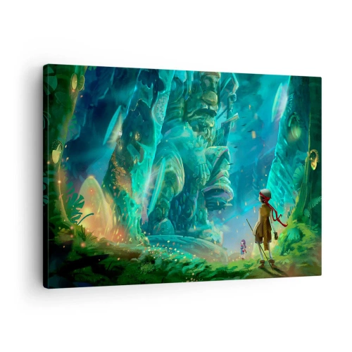 Tablou pe pânză Canvas - Pădure magică cu un personaj explorator - 70x50cm - Din Marea Carte a Basmelor - Decorațiune modernă pentru perete pentru living și dormitor ARTTOR