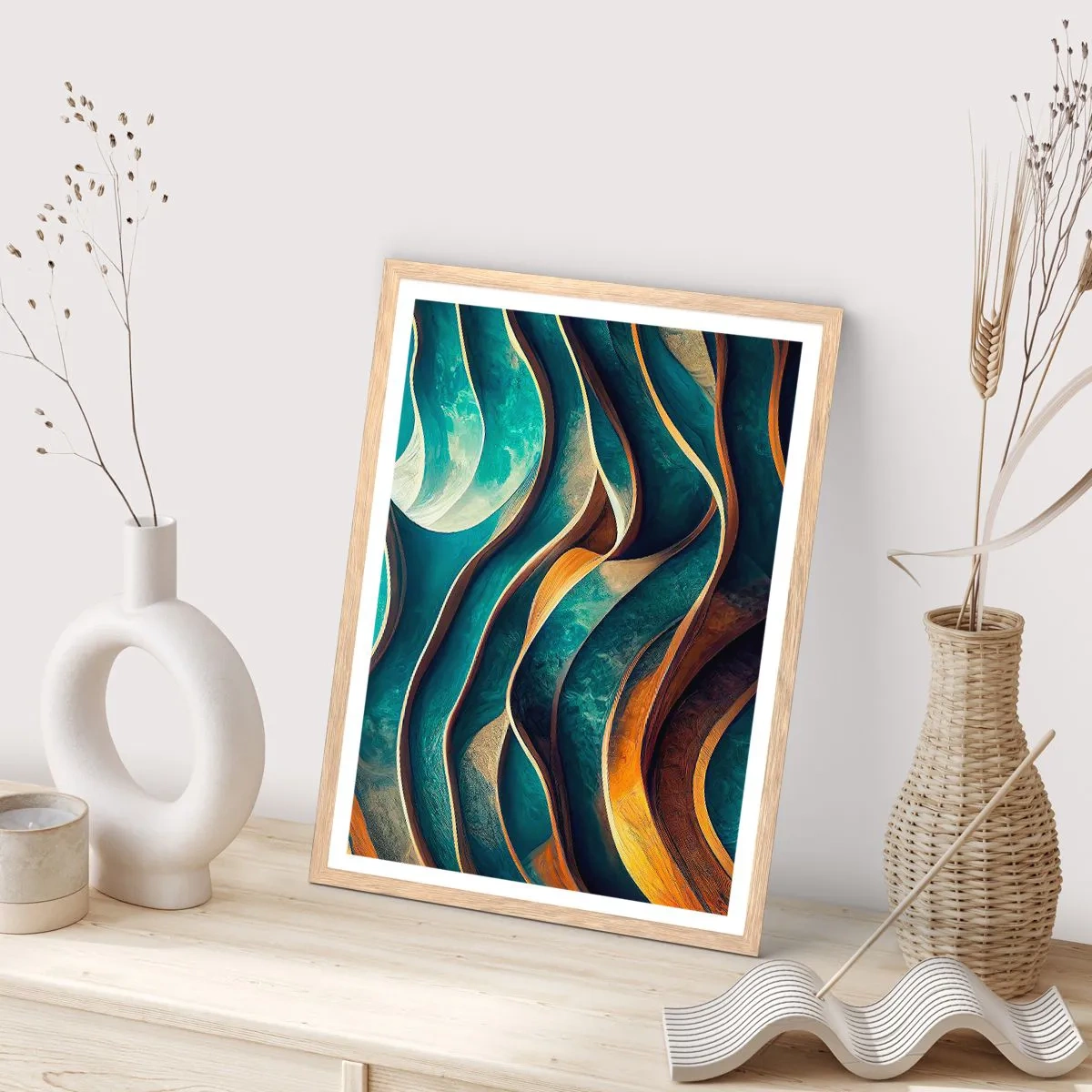 Poster în ramă de stejar deschis - Meandre de albastru - 50x70 cm