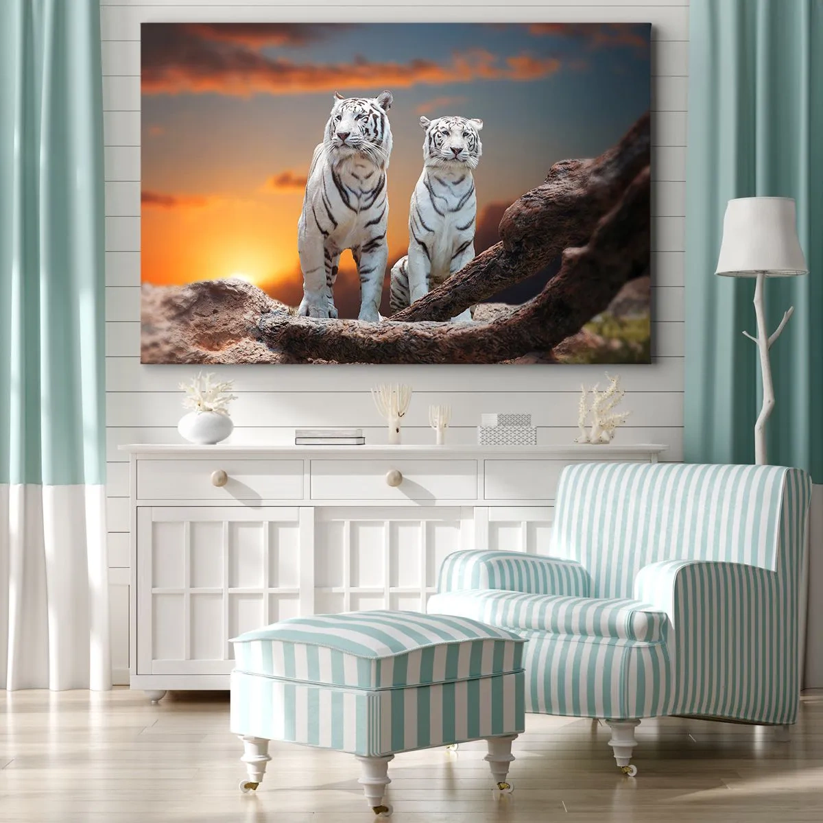Tablou pe pânză Canvas - Tigri albi la apusul soarelui pe fundalul naturii - 70x50cm - La fel ca în Narnia - Decorațiune modernă pentru perete pentru living și dormitor ARTTOR