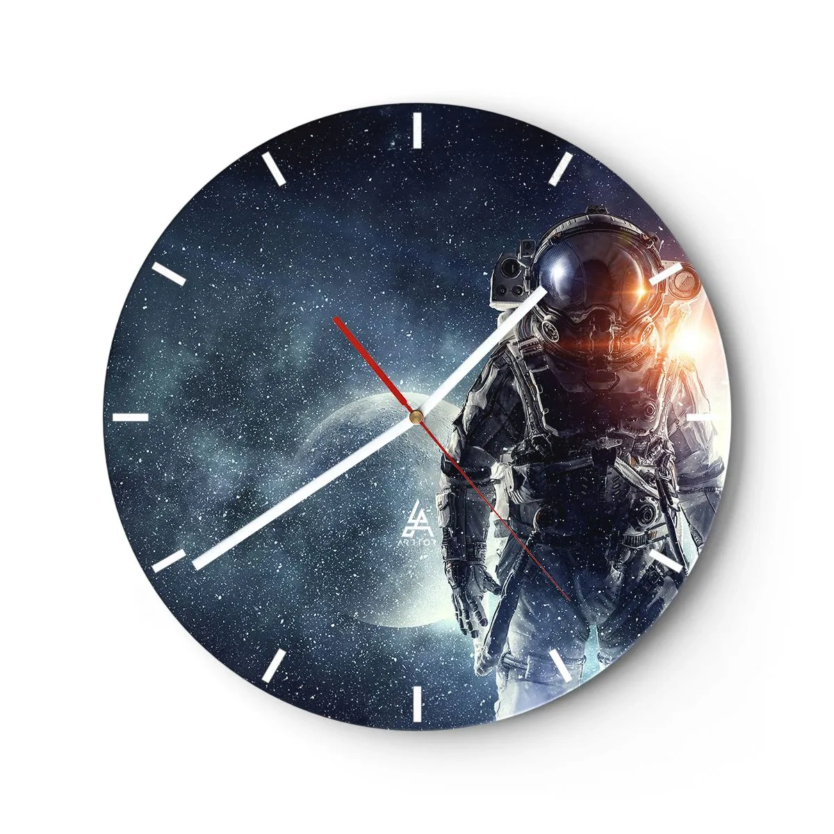 Ceas de perete - Ceas pe sticlă - Astronautul în spațiu cu o planetă și stele în fundal - 30x30cm - Aventură spațială - Decorațiune modernă pentru perete pentru living, bucătărie și dormitor ARTTOR