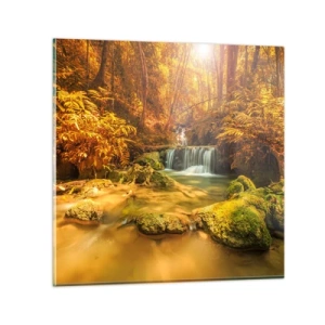 Tablou pe sticlă - Cascadă de pădure în aur - 60x60 cm