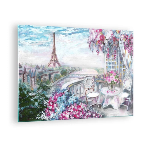 Tablou pe sticlă - Ilustrație a unei priveliști a Turnului Eiffel cu un balcon plin de flori - 70x50cm - Este cel mai frumos aici în luna mai - Decorațiune modernă pentru perete pentru living și dormitor ARTTOR