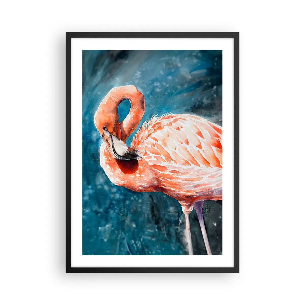 Poster în ramă neagră - Un flamingo în acuarelă pe un fundal de apă turcoaz - 50x70cm - Decorativ prin natură - Decorațiune modernă pentru perete pentru living și dormitor ARTTOR