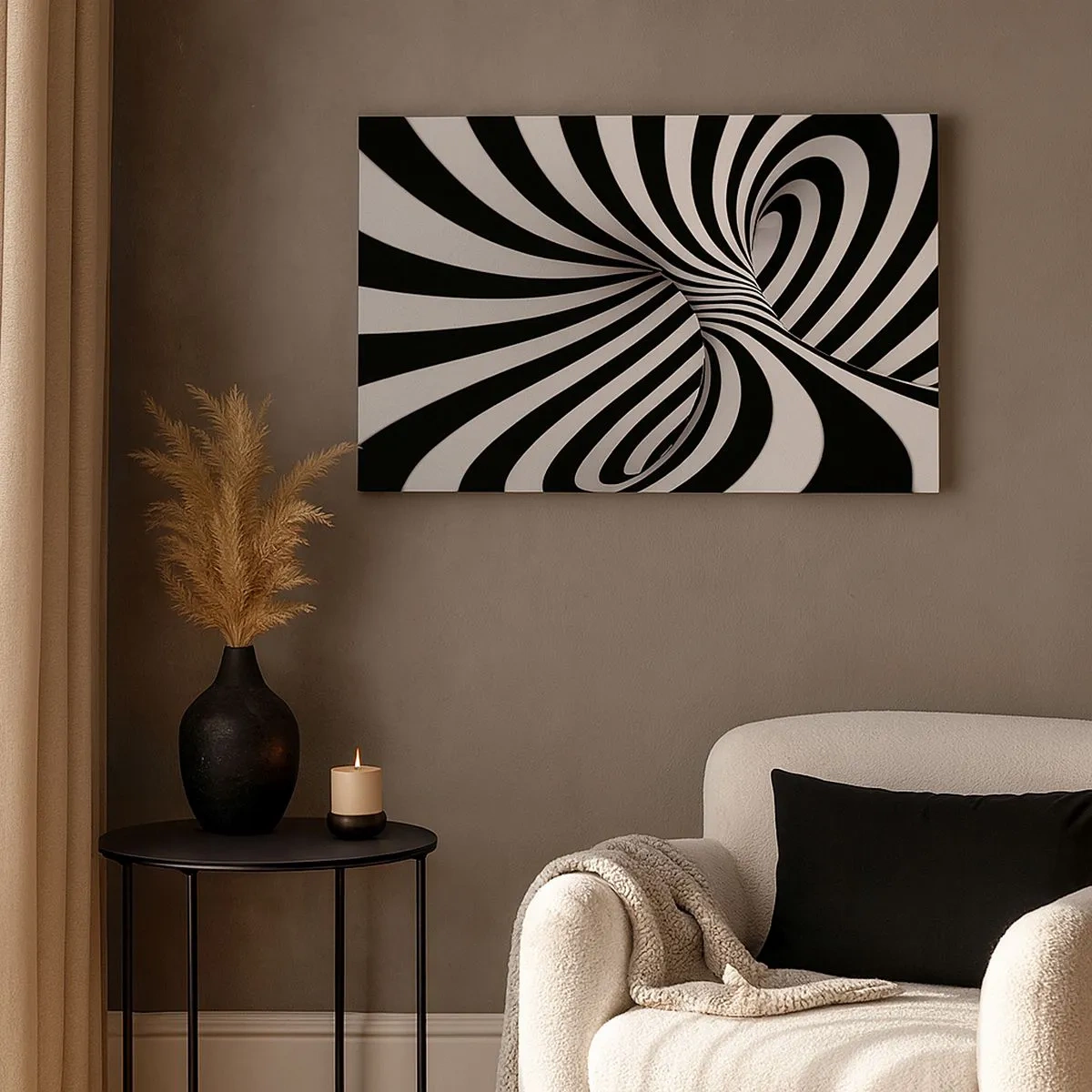Tablou pe pânză Canvas - Tunel abstract cu dungi spiralate alb-negru - 70x50cm - Compoziție: spațiul dansator - Decorațiune modernă pentru perete pentru living și dormitor ARTTOR