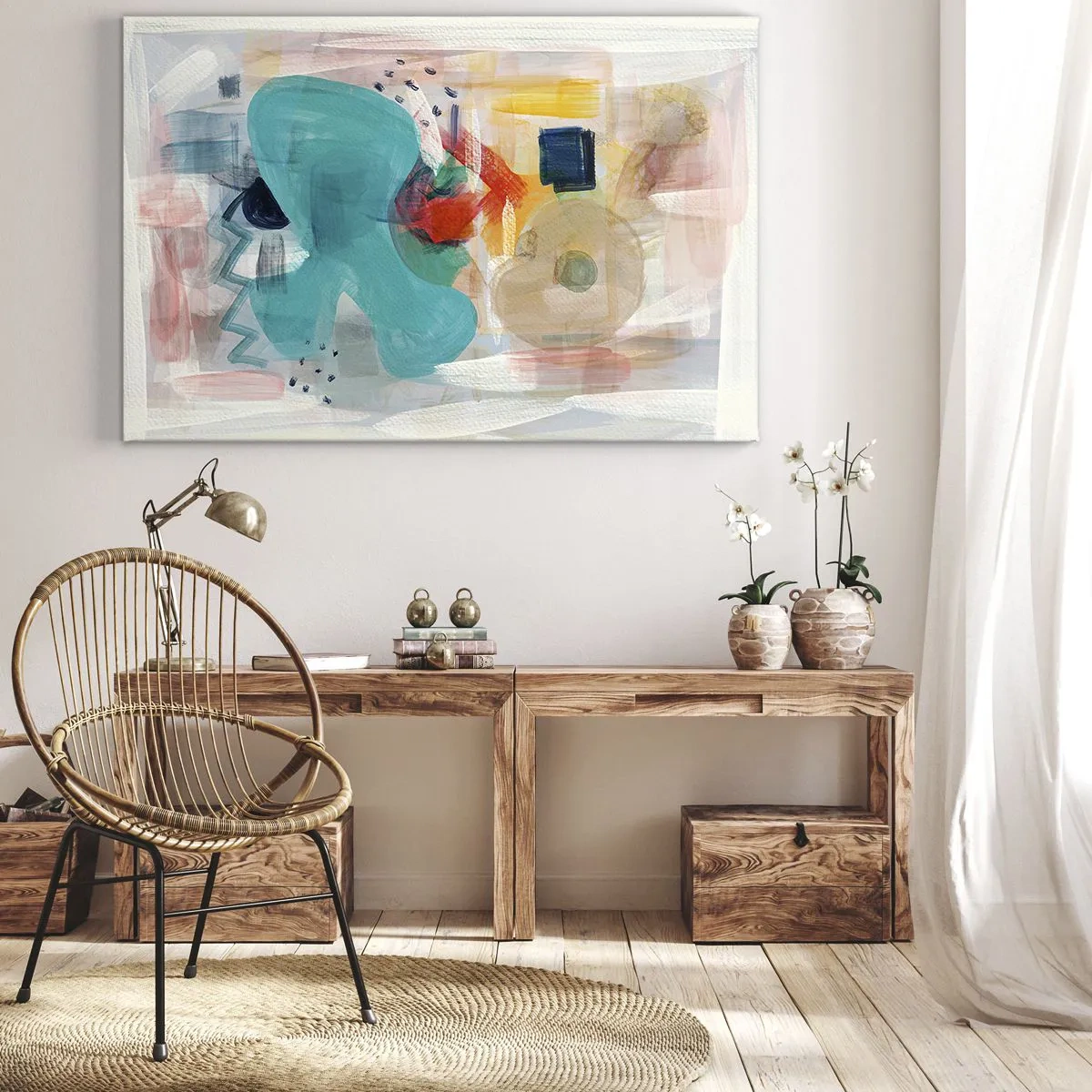 Tablou pe pânză Canvas - Formele și culorile abstracte creează o compoziție dinamică - 70x50cm - Joc plin de culoare - Decorațiune modernă pentru perete pentru living și dormitor ARTTOR