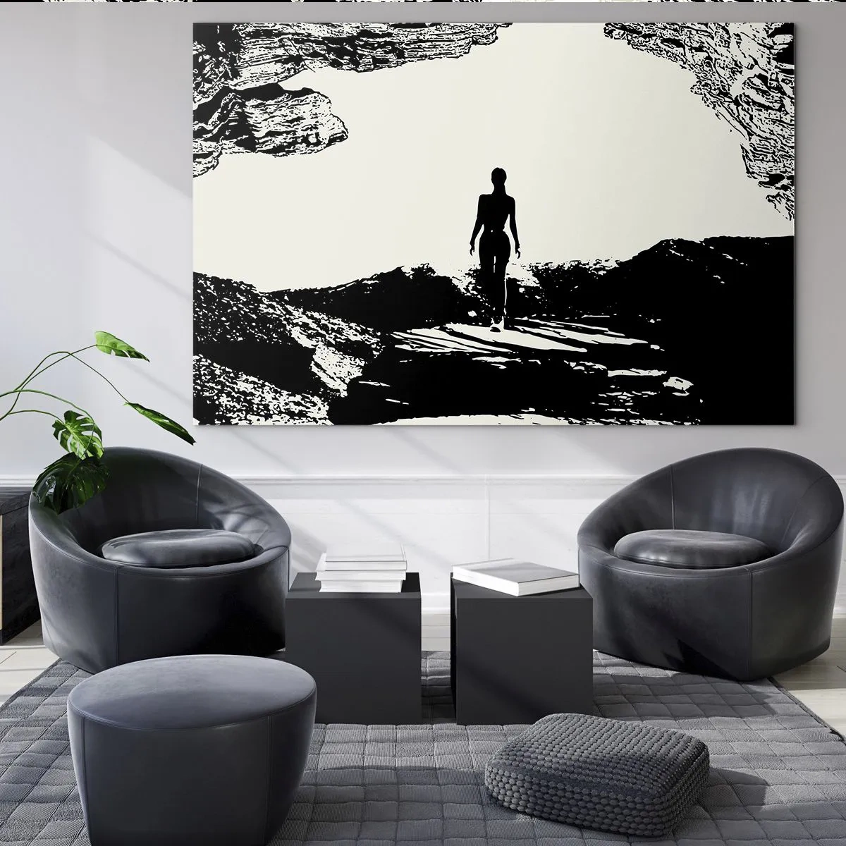 Tablou pe sticlă - Silueta unei femei care iese dintr-o peșteră în grafică alb-negru - 70x50cm - O nouă înfățișare - Decorațiune modernă pentru perete pentru living și dormitor ARTTOR