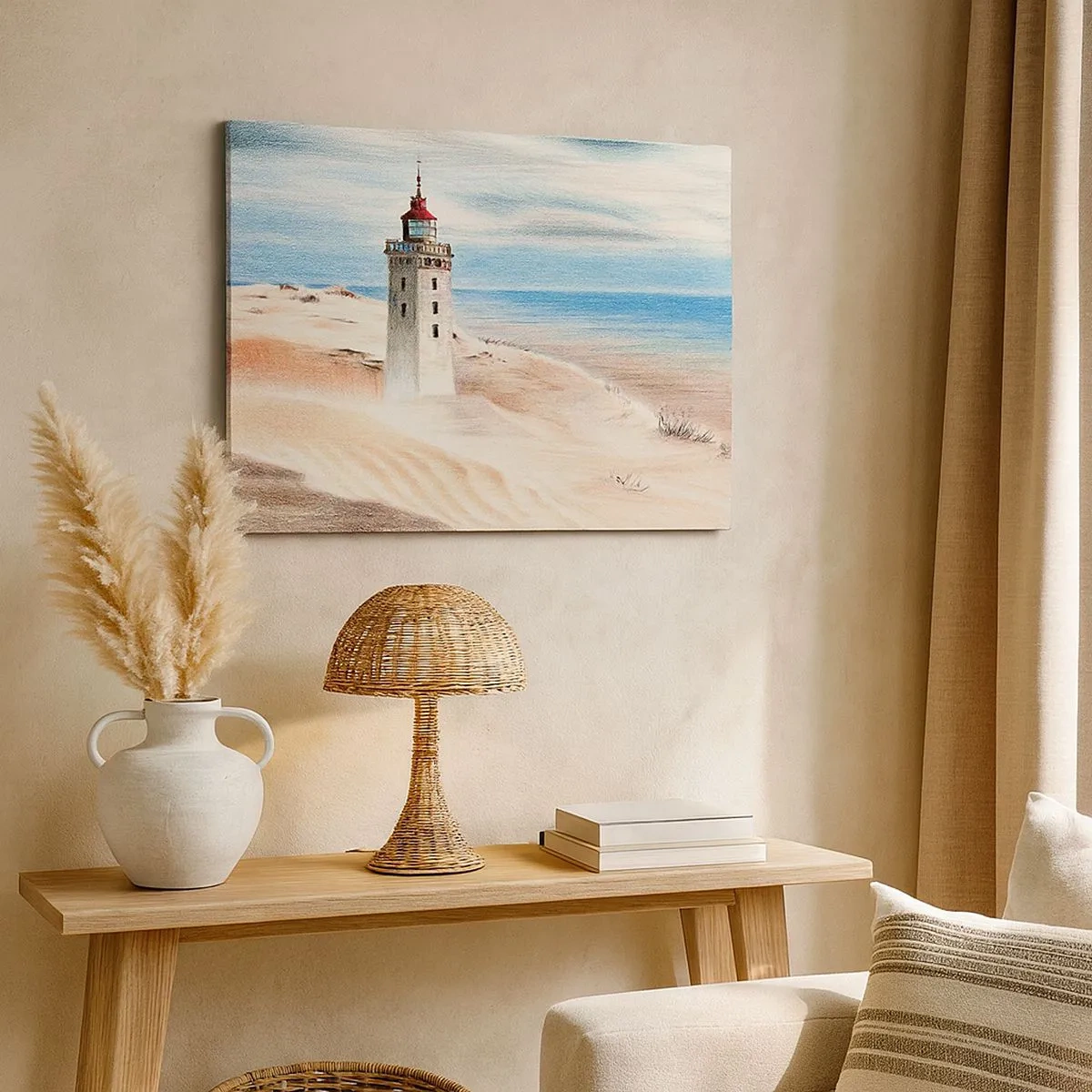 Tablou pe pânză Canvas - Un far înconjurat de dune de nisip și un cer albastru - 70x50cm - Privind mereu marea - Decorațiune modernă pentru perete pentru living și dormitor ARTTOR