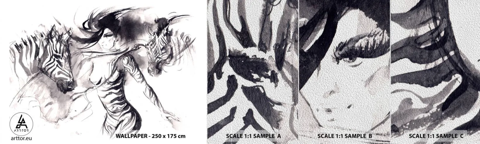 Mostră tapet Premium Sand - Dansând cu zebrele - Abstracția, Femeie, Coaste - 100x30 cm