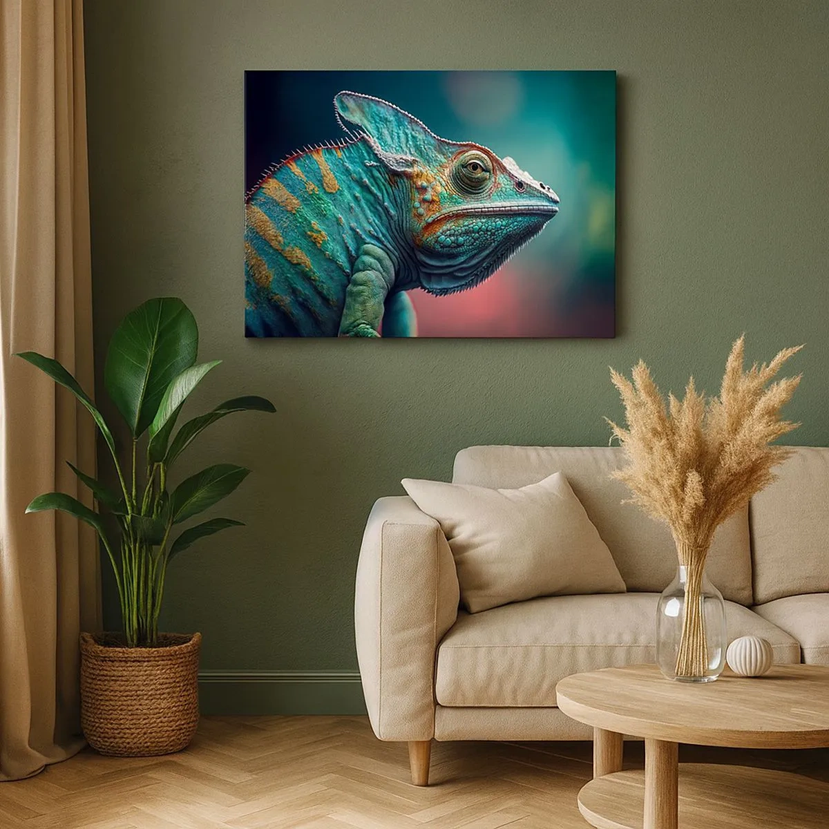 Tablou pe pânză Canvas - Prim-plan al unui cameleon în culori intense - 70x50cm - Mă poți vedea? Nu e bine... - Decorațiune modernă pentru perete pentru living și dormitor ARTTOR