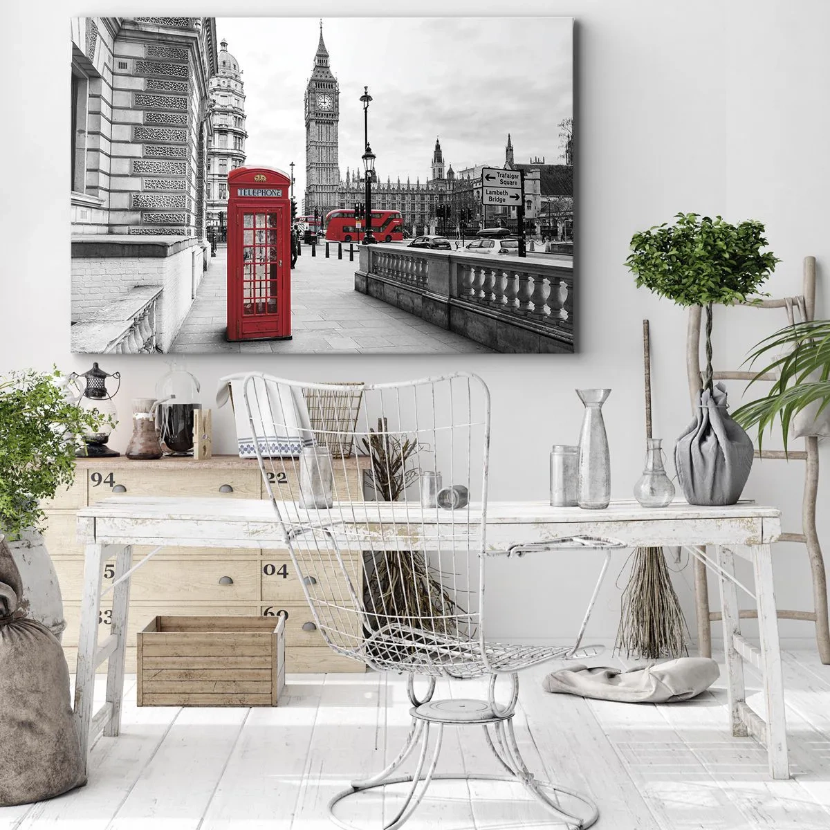 Tablou pe pânză Canvas - O cabină telefonică roșie cu Big Ben în fundal în Londra - 70x50cm - Fără îndoială, Londra - Decorațiune modernă pentru perete pentru living și dormitor ARTTOR