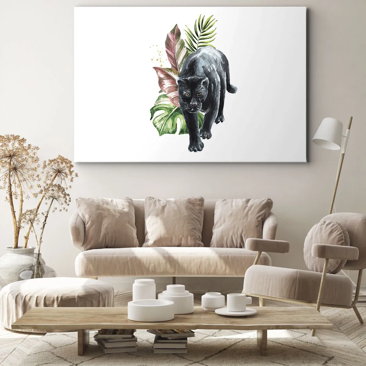 Tablou pe pânză Canvas - Panteră neagră înconjurată de frunze tropicale - 70x50cm - Sălbăticia inimii - Decorațiune modernă pentru perete pentru living și dormitor ARTTOR