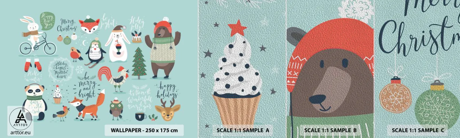 Mostră tapet Premium Sand - Să nu se termine niciodată Crăciunul! - Pentru copii, Iarnă, Animale Fericite - 100x30 cm
