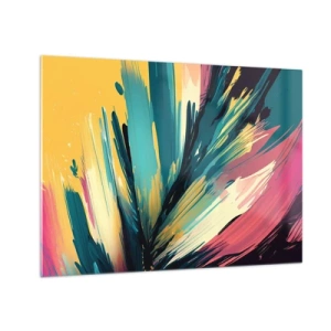 Tablou pe sticlă - Pensule dinamice în culori vibrante - 70x50cm - Compoziția - o explozie de bucurie - Decorațiune modernă pentru perete pentru living și dormitor ARTTOR