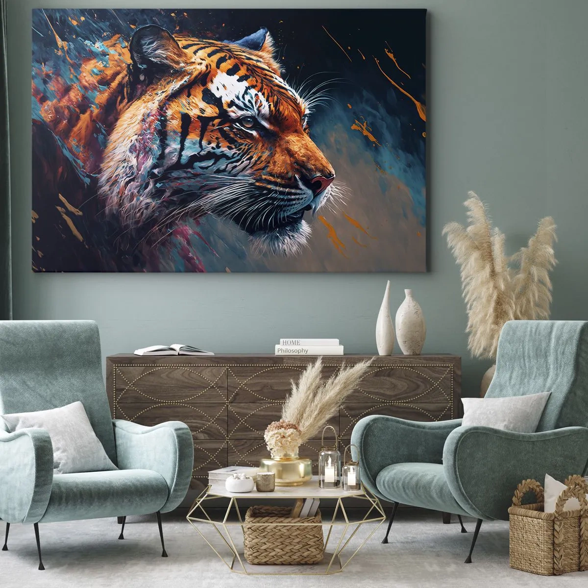 Tablou pe pânză Canvas - Portretul unui tigru în culori dinamice, abstracte - 70x50cm - Frumusețe sălbatică - Decorațiune modernă pentru perete pentru living și dormitor ARTTOR