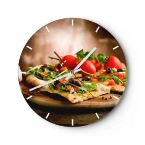 Ceas de perete - Ceas pe sticlă - Pizza cu rucola, roșii și măsline pe o placă de lemn - 30x30cm - Direct din cuptor și din grădină - Decorațiune modernă pentru perete pentru living, bucătărie și dormitor ARTTOR