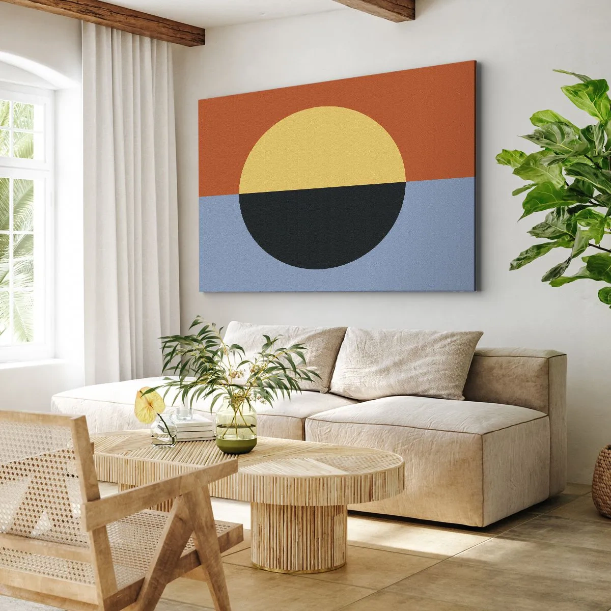 Tablou pe pânză Canvas - Abstracție geometrică cu culori contrastante - 70x50cm - O compoziție de căldură și răcoare - Decorațiune modernă pentru perete pentru living și dormitor ARTTOR