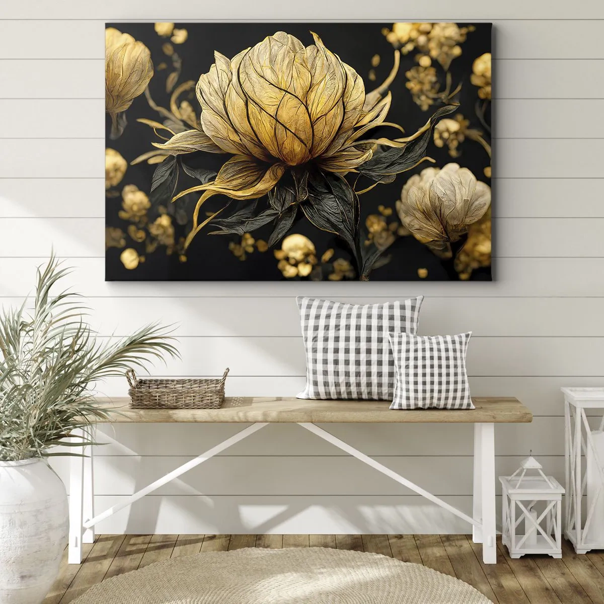 Tablou pe pânză Canvas - Floare aurie pe un fundal întunecat - 70x50cm - Fragilitate subtilă - Decorațiune modernă pentru perete pentru living și dormitor ARTTOR
