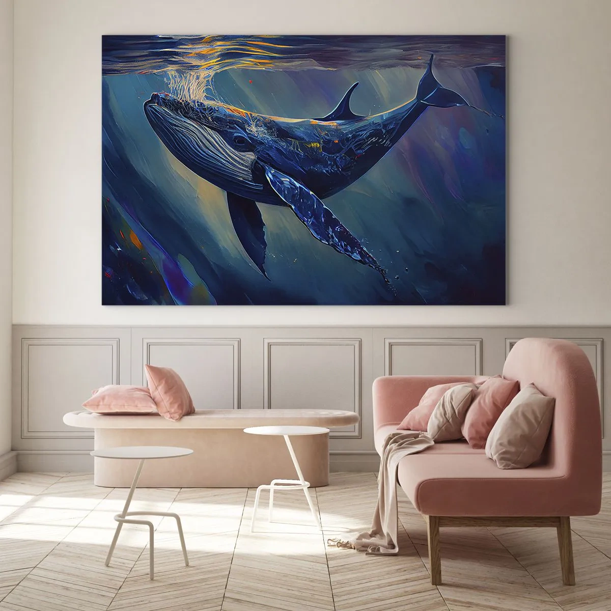 Tablou pe sticlă - O balenă plutind sub apă în lumina soarelui - 70x50cm - Bun venit în lumea mea - Decorațiune modernă pentru perete pentru living și dormitor ARTTOR