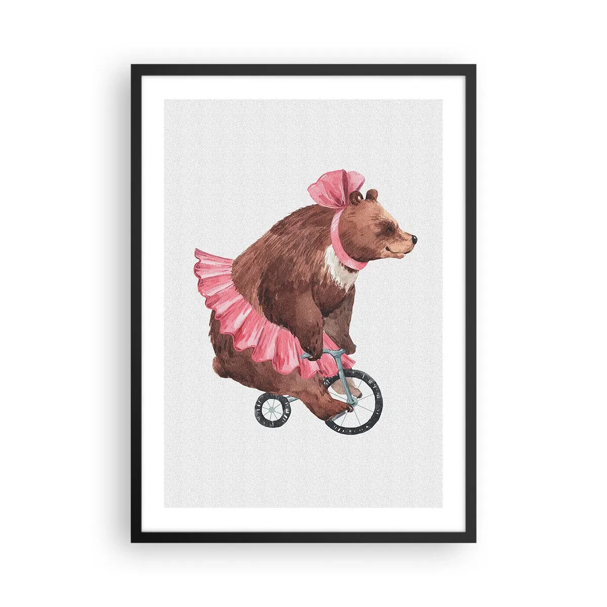 Poster în ramă neagră - Ilustrație în acuarelă a unui urs într-o fustă roz care merge pe bicicletă. - 50x70cm - Ce circ! - Decorațiune modernă pentru perete pentru living și dormitor ARTTOR