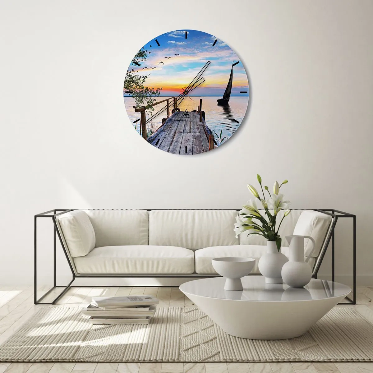 Ceas de perete - Ceas pe sticlă - Un dig peste lac în lumina soarelui care apune - 30x30cm - Bună seara - Decorațiune modernă pentru perete pentru living, bucătărie și dormitor ARTTOR