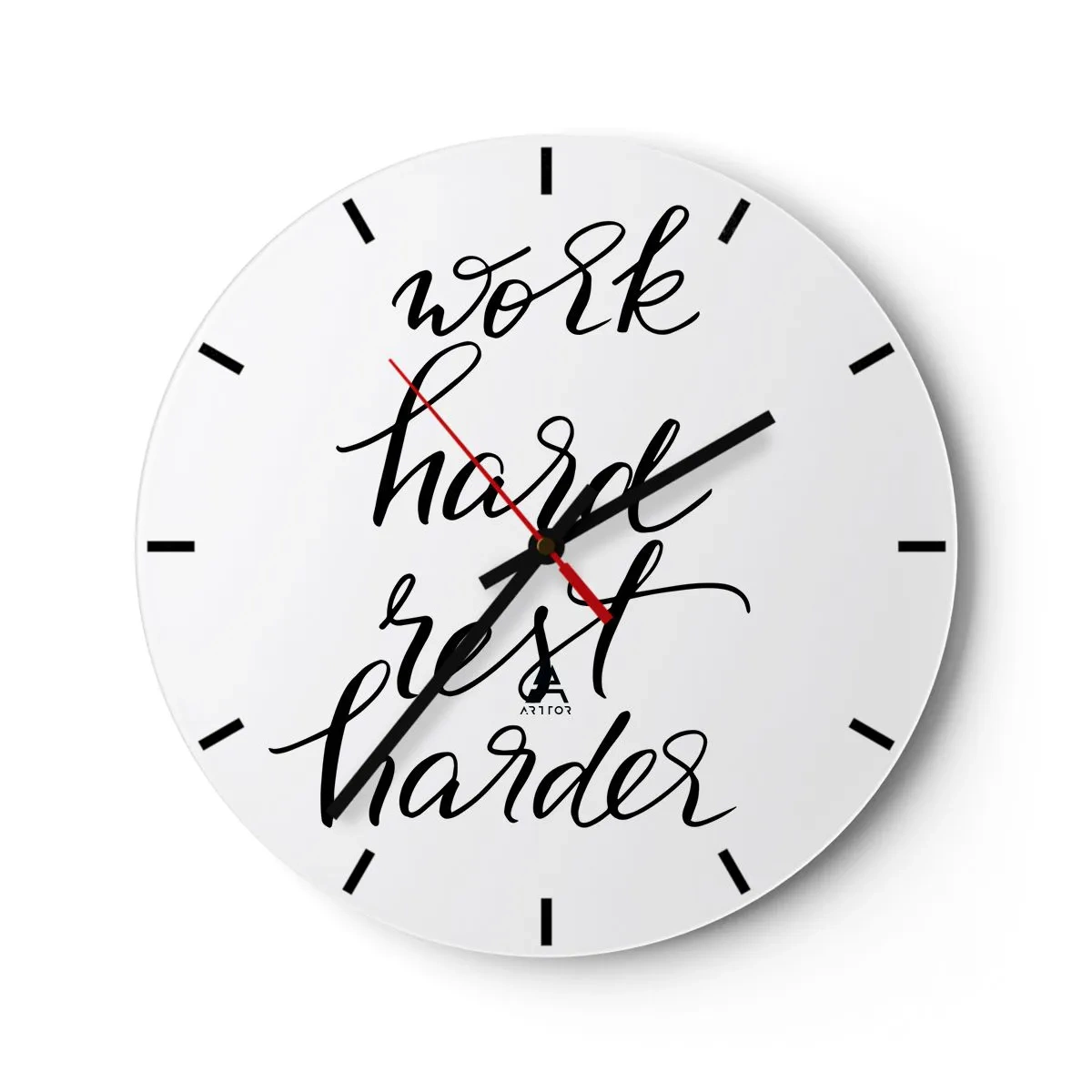 Ceas de perete - Ceas pe sticlă - Inscripție alb-negru, muncă grea, odihnă mai grea pe un fundal alb - 30x30cm - Echilibrul vieții - Decorațiune modernă pentru perete pentru living, bucătărie și dormitor ARTTOR