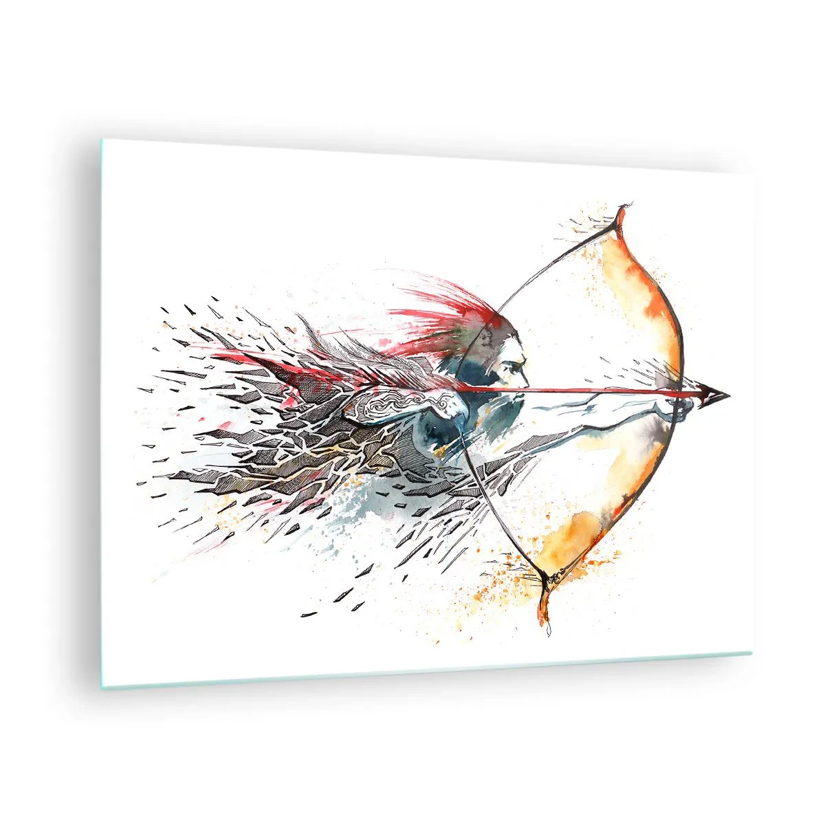 Tablou pe sticlă - Arcaș într-un decor dinamic în acuarelă - 70x50cm - Războinic mitic cu un arc de foc - Decorațiune modernă pentru perete pentru living și dormitor ARTTOR