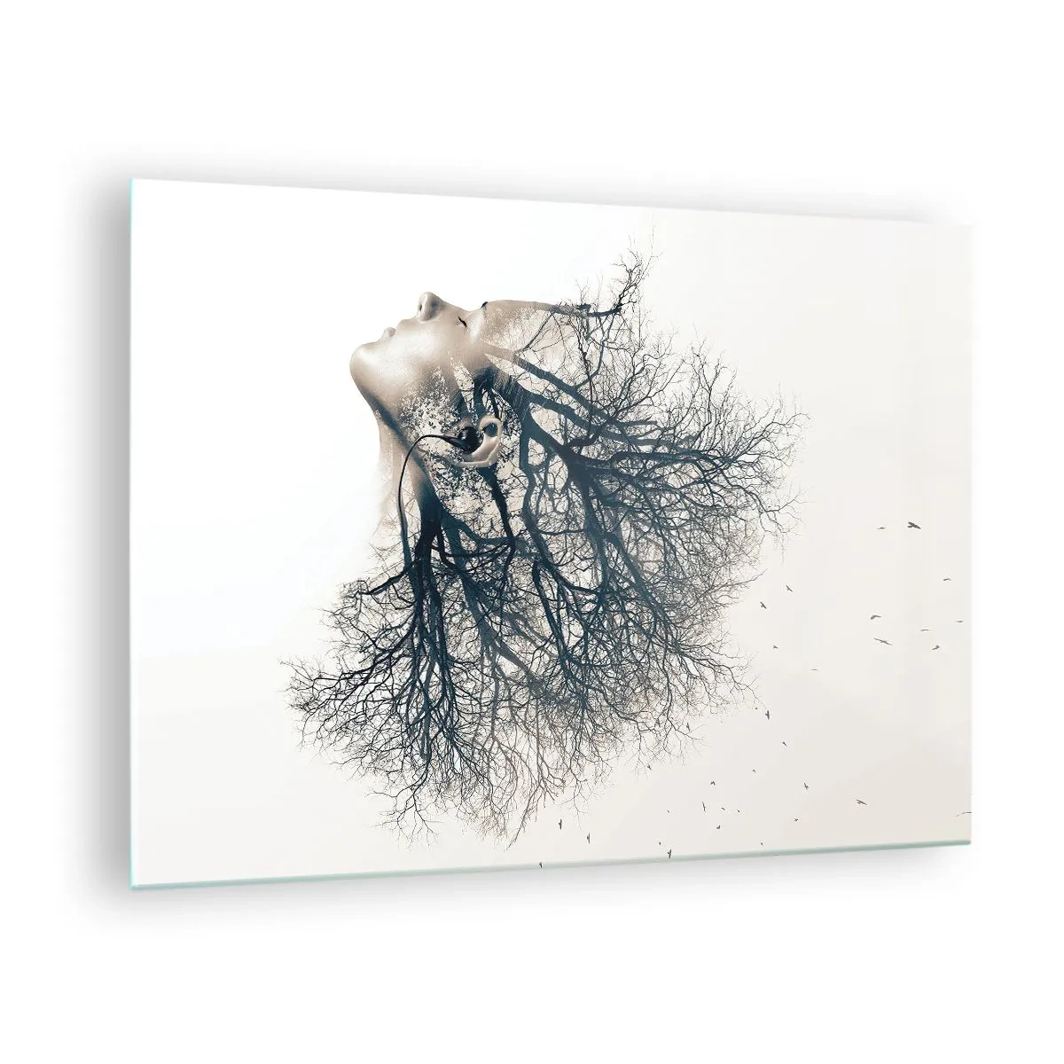Tablou pe sticlă - Silueta unei femei cu crengi pe post de păr - 70x50cm - Ascultând șoapta copacului - Decorațiune modernă pentru perete pentru living și dormitor ARTTOR