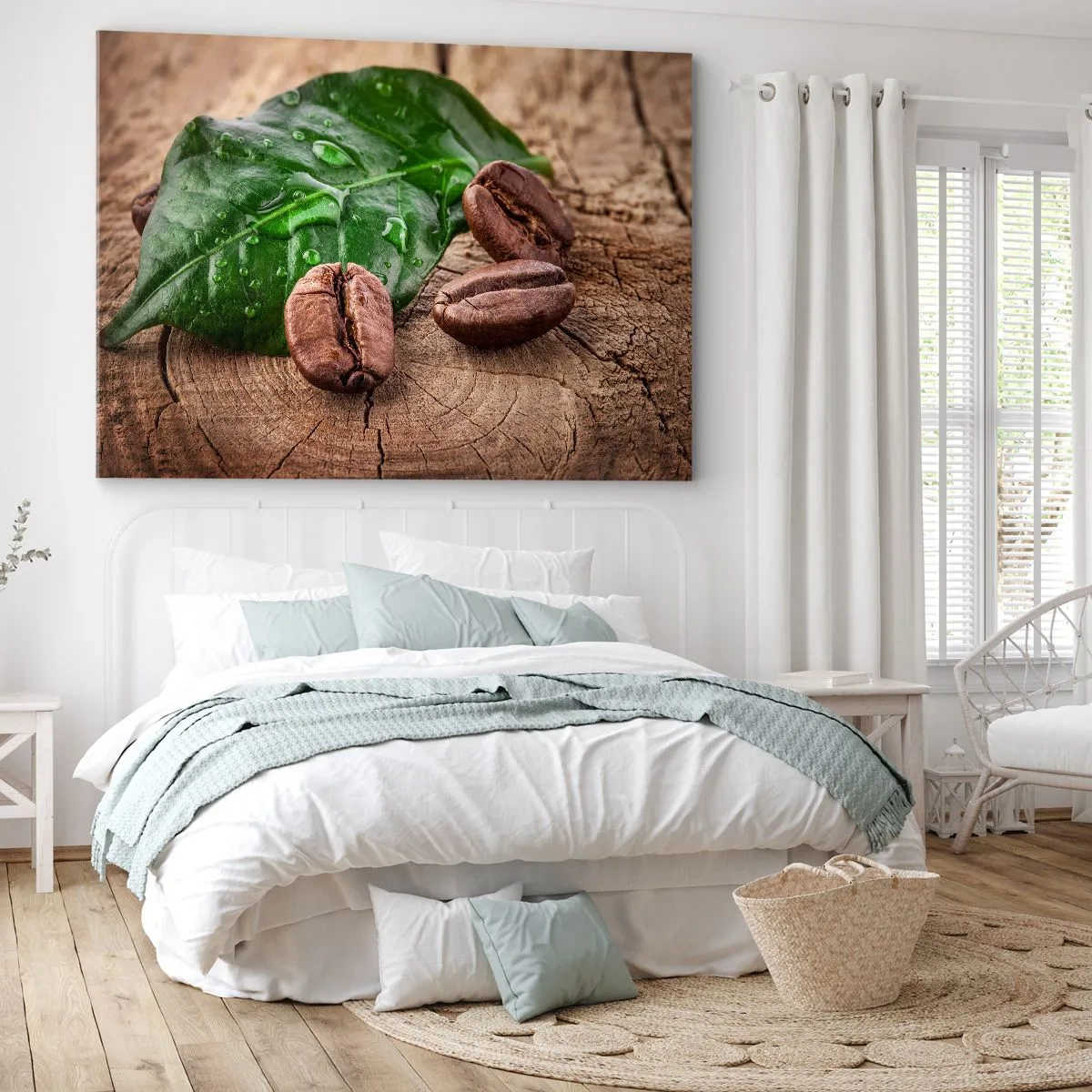 Tablou pe pânză Canvas - Boabe de cafea și frunză verde pe fundal de lemn - 70x50cm - Cea mai adevărată și închisă la culoare - Decorațiune modernă pentru perete pentru living și dormitor ARTTOR