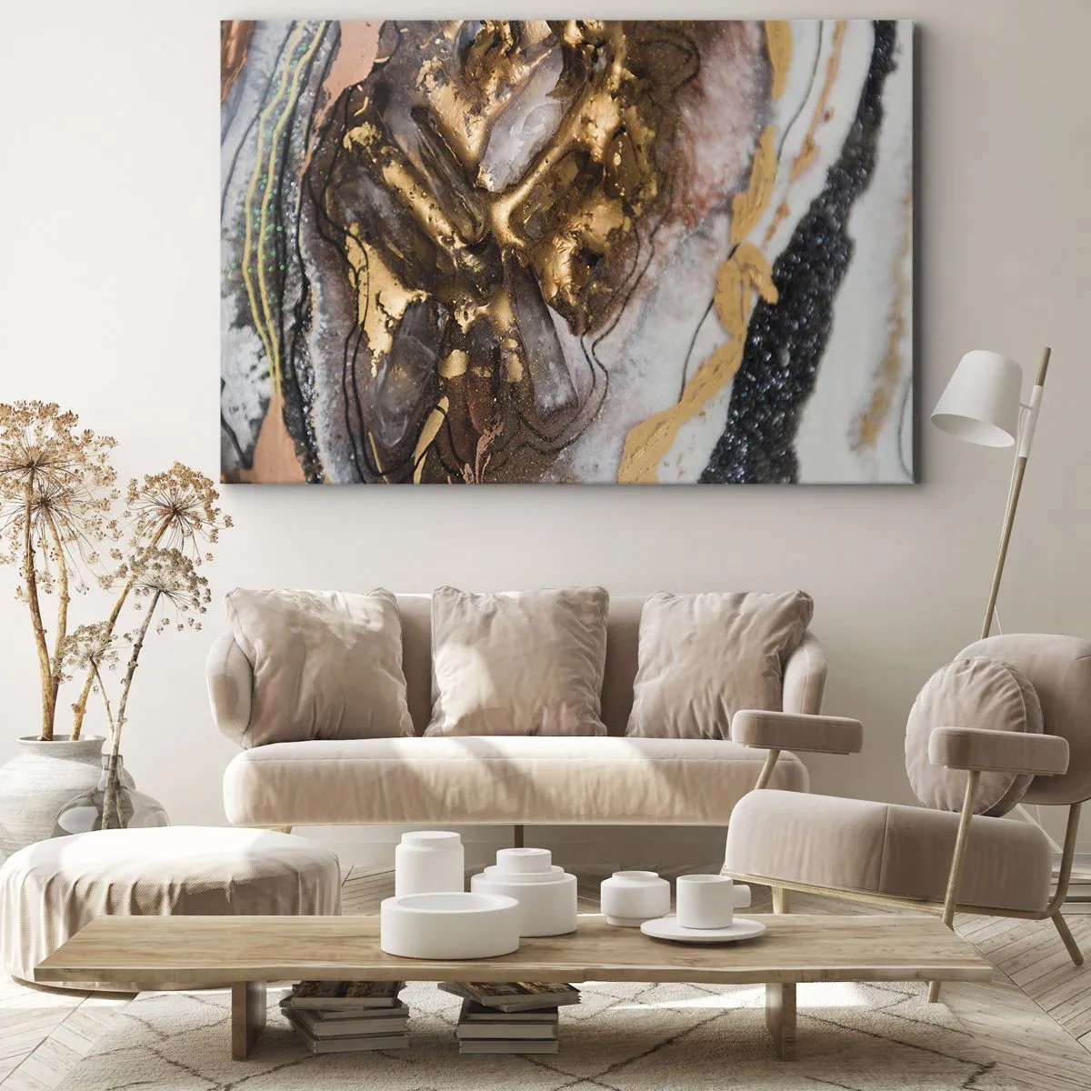 Tablou pe pânză Canvas - Compoziție abstractă cu elemente de aur și cristale - 70x50cm - Elementul pământ - Decorațiune modernă pentru perete pentru living și dormitor ARTTOR