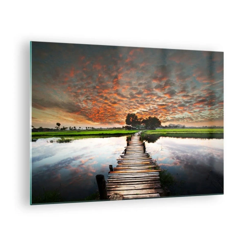Tablou pe sticlă - Pod de lemn peste râu la apus - 70x50cm - Întindeți brațele - respirați - Decorațiune modernă pentru perete pentru living și dormitor ARTTOR