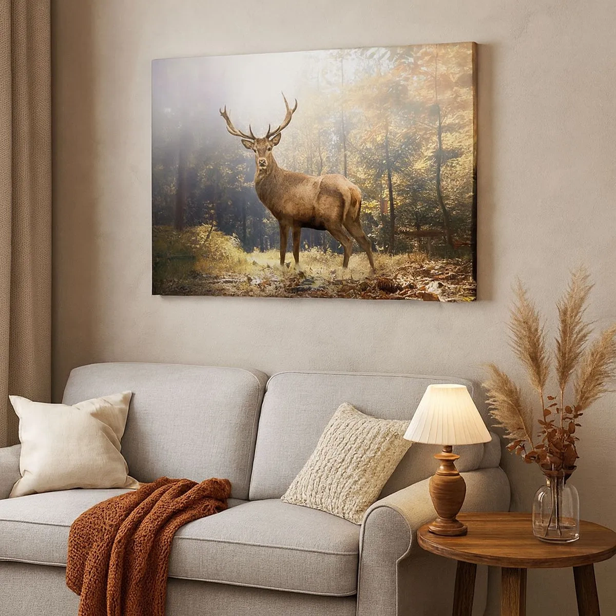 Tablou pe pânză Canvas - Cerb în pădurea de toamnă cu raze de soare - 70x50cm - Măreție calmă - Decorațiune modernă pentru perete pentru living și dormitor ARTTOR