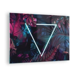 Tablou pe sticlă - Un triunghi neon înconjurat de plante tropicale în nuanțe de roz și albastru. - 70x50cm - Grădină în stil disco - Decorațiune modernă pentru perete pentru living și dormitor ARTTOR