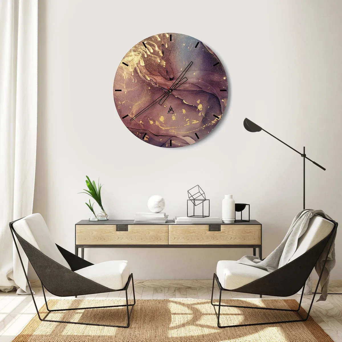 Ceas de perete - Ceas pe sticlă - Compoziție abstractă cu textură și accente aurii - 30x30cm - Materie și spirit - Decorațiune modernă pentru perete pentru living, bucătărie și dormitor ARTTOR
