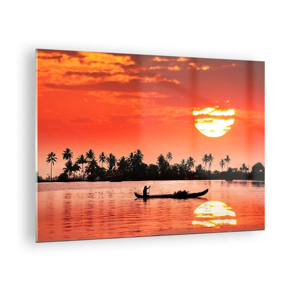 Tablou pe sticlă - Apus de soare peste râu cu palmieri și o barcă - 70x50cm - Liniștea tropicelor la apus de soare - Decorațiune modernă pentru perete pentru living și dormitor ARTTOR