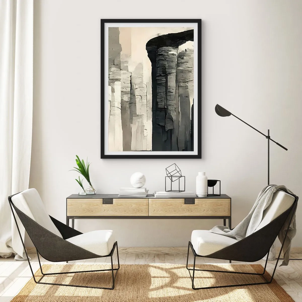 Poster în ramă neagră - Formațiuni stâncoase monumentale în nuanțe de gri - 50x70cm - Măreția antichității - Decorațiune modernă pentru perete pentru living și dormitor ARTTOR