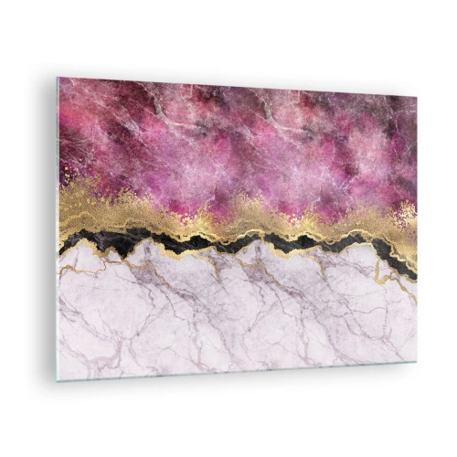 Tablou pe sticlă - Compoziție abstractă din marmură cu accente aurii și violet - 70x50cm - La graniță - Decorațiune modernă pentru perete pentru living și dormitor ARTTOR