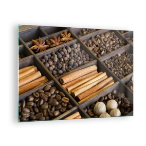 Tablou pe sticlă - Condimente în compartimente din lemn - 70x50cm - Tezaur de arome - Decorațiune modernă pentru perete pentru living și dormitor ARTTOR